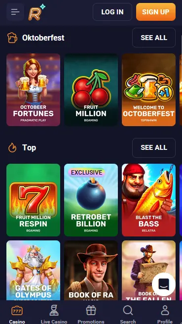 RetroBet mobile app lobby with Oktoberfest slots and top games for Android and iOS