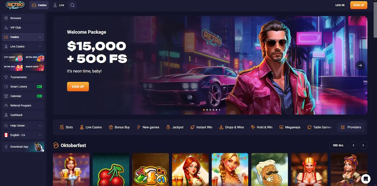 RetroBet Casino homepage showing the neon retro lobby and welcome package for Canadian players