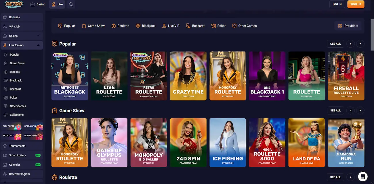 RetroBet live casino lobby with dealers across roulette, blackjack, and game shows
