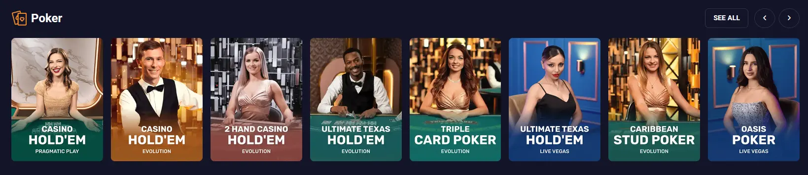 RetroBet live poker tables including Casino Hold'em from Playtech and Pragmatic Play Live